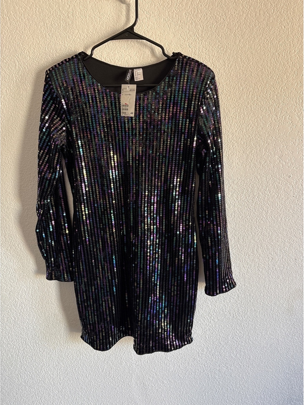 H&M Black Sequin Long Sleeve Mini Dress Size US 12 New with Tags